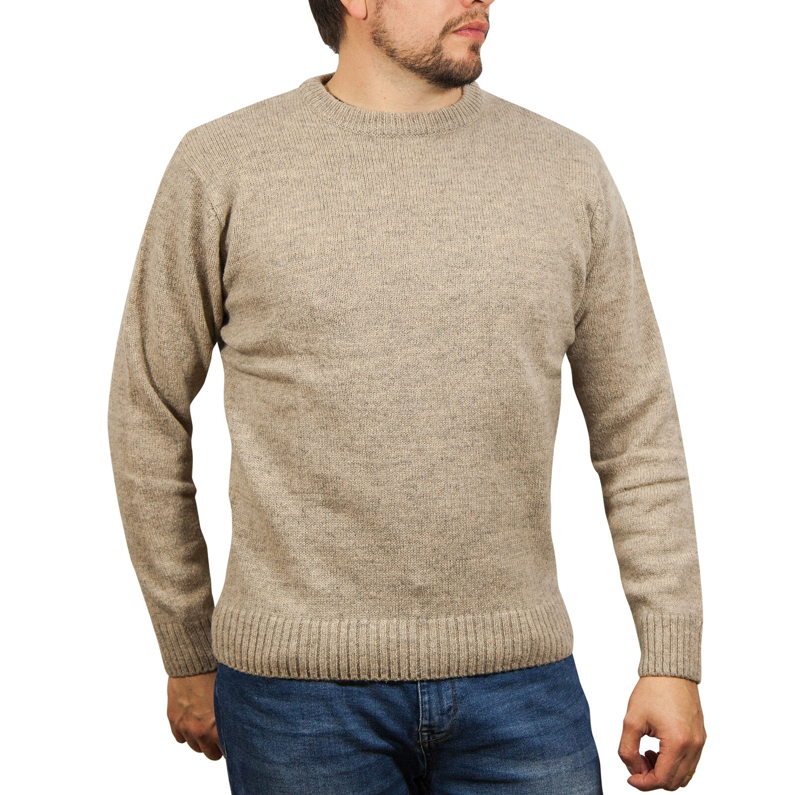 V563-SW-CN-OAT03-XXL-202505121506-00 100% SHETLAND RAGG WOOL CREW Round Neck Knit JUMPER Pullover Mens Sweater Knitted - Beige - XXL - Image 1