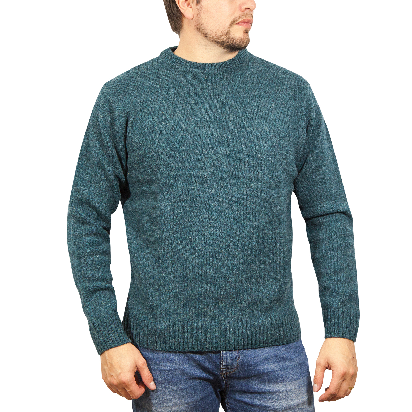 V563-SW-CN-SHD-32-L-202505191826-00 100% SHETLAND RAGG WOOL CREW Round Neck Knit JUMPER Pullover Mens Sweater Knitted - Sherwood - L - Image 1