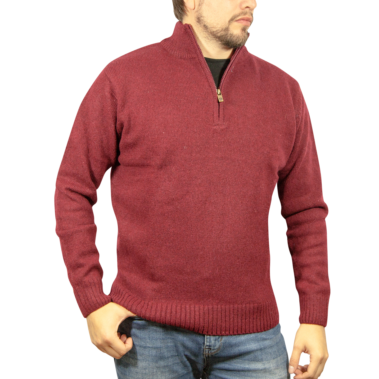 V563-SW-HZ-BRGNDY97-XXL-202507251235-00 100% SHETLAND RAGG WOOL Half Zip Up Knit JUMPER Pullover Mens Sweater Knitted - Burgundy - XXL - Image 1