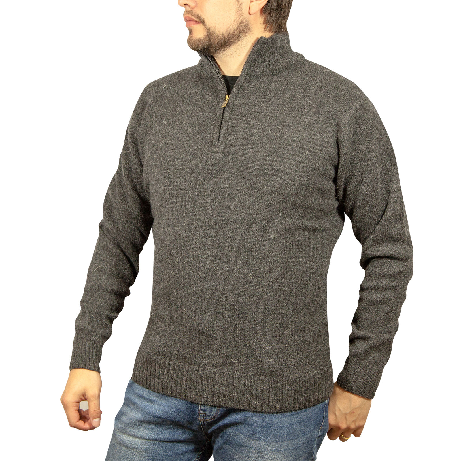 V563-SW-HZ-CHRCL29-S-202507251055-00 100% SHETLAND RAGG WOOL Half Zip Up Knit JUMPER Pullover Mens Sweater Knitted - Charcoal - S - Image 1