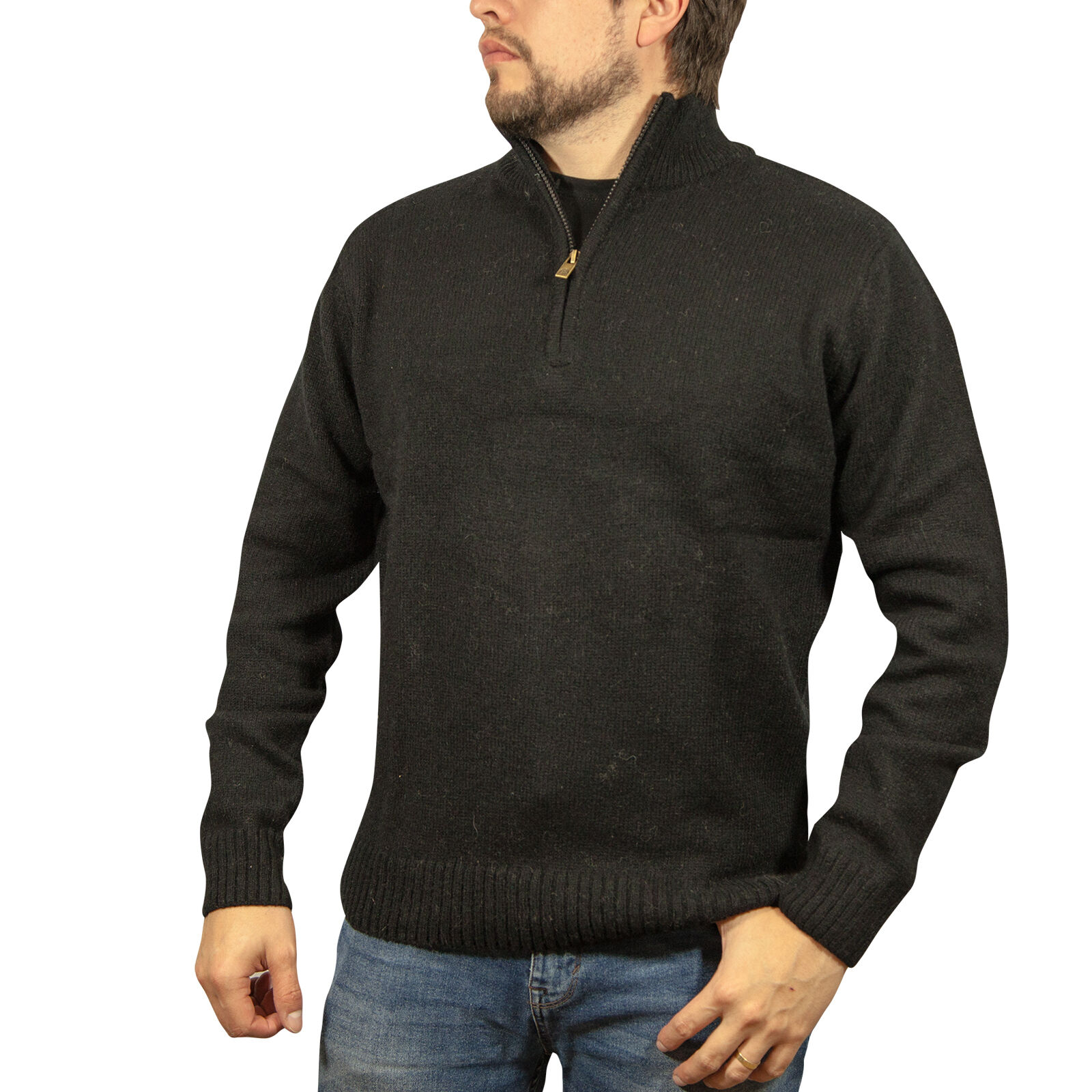 V563-SW-HZ-FBK99B-XXL-202507251105-00 100% SHETLAND RAGG WOOL Half Zip Up Knit JUMPER Pullover Mens Sweater Knitted - Plain Black - XXL - Image 1