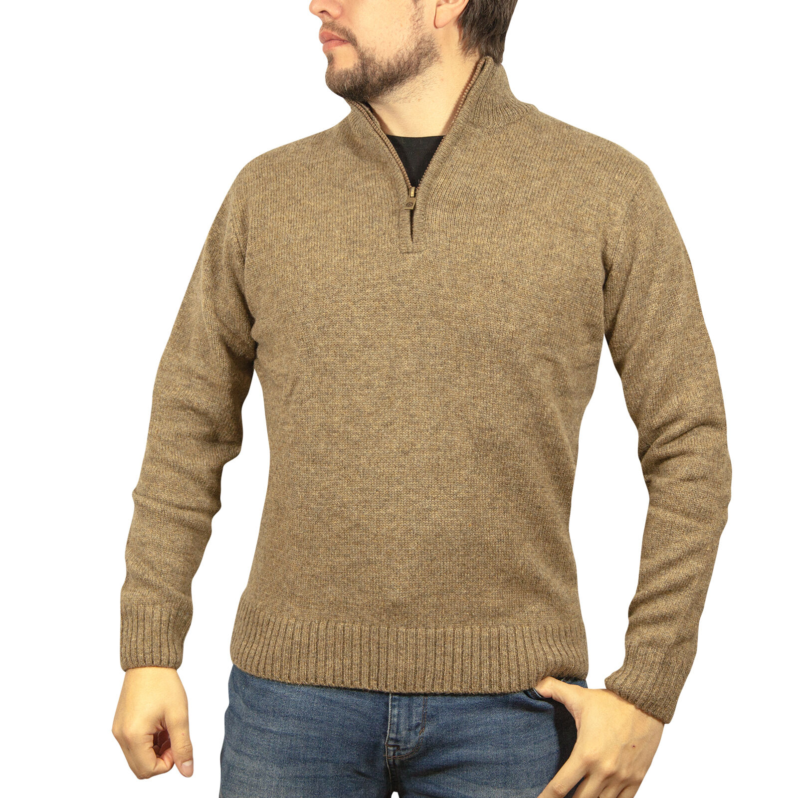 V563-SW-HZ-NUTMEG23-XXL-202507251100-00 100% SHETLAND RAGG WOOL Half Zip Up Knit JUMPER Pullover Mens Sweater Knitted - Nutmeg - XXL - Image 1