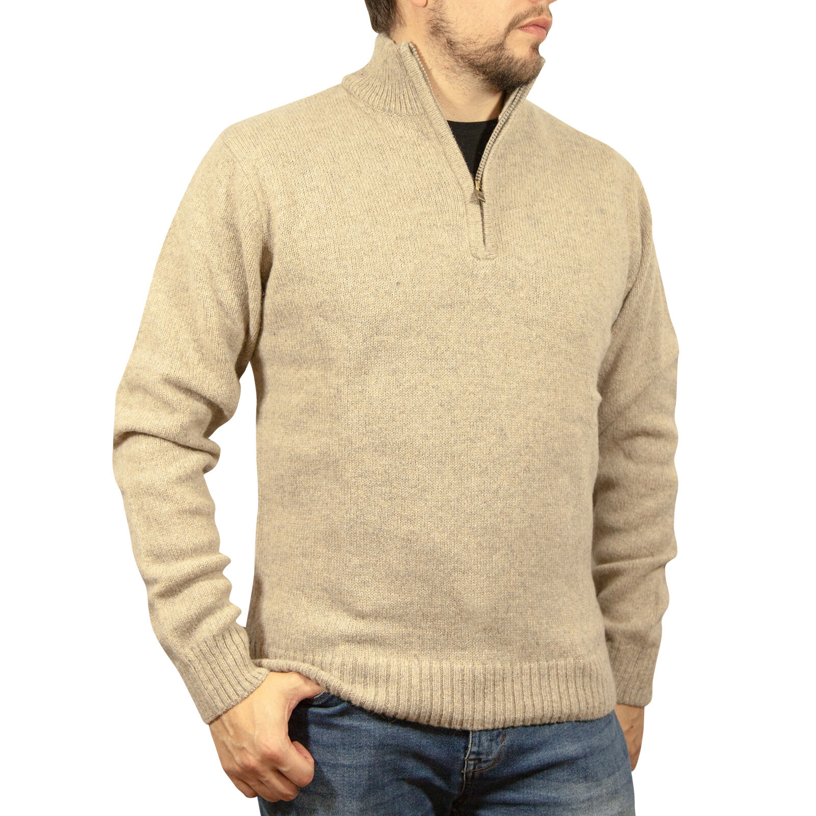 V563-SW-HZ-OATMARLE03-5XL-202507251055-00 100% SHETLAND RAGG WOOL Half Zip Up Knit JUMPER Pullover Mens Sweater Knitted - Oat Marle - 5XL - Image 1