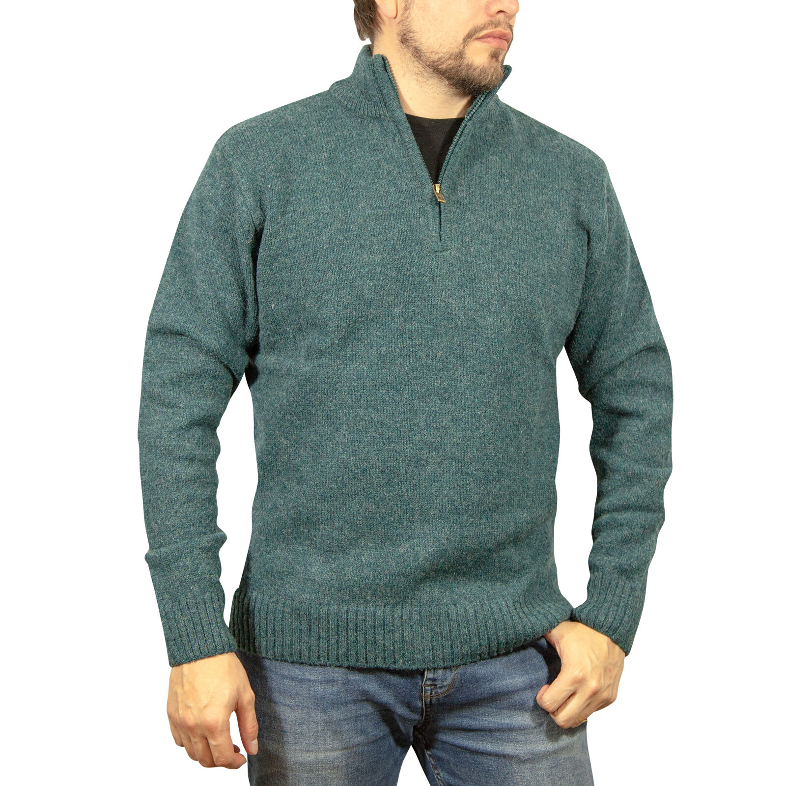 V563-SW-HZ-SHWD32-S-202507251100-00 100% SHETLAND RAGG WOOL Half Zip Up Knit JUMPER Pullover Mens Sweater Knitted - Sherwood - S - Image 1