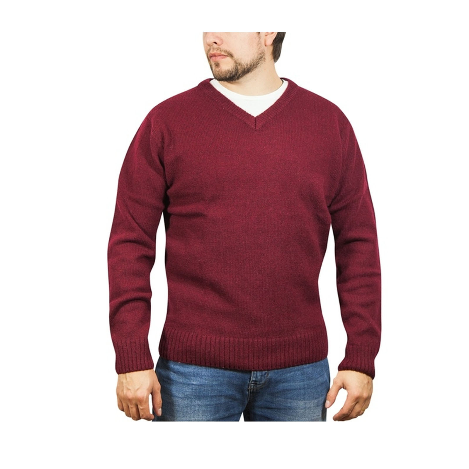 V563-SW-VN-BURG97-L-202507251205-00 100% Shetland Ragg Wool V Neck Knit Jumper Pullover Mens Sweater Knitted - Burgundy - L - Image 1