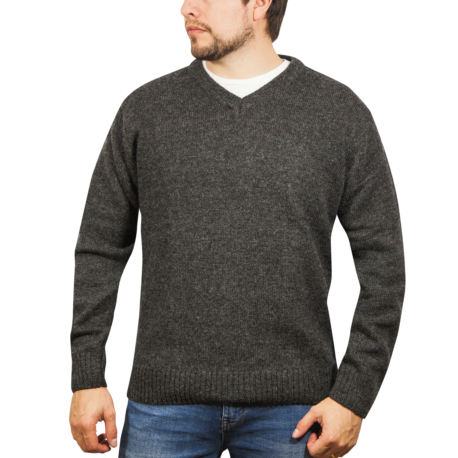 V563-SW-VN-CH29-3XL-149728-00 100% Shetland Ragg Wool V Neck Knit Jumper Pullover Mens Sweater Knitted - Charcoal - 3XL - Image 1