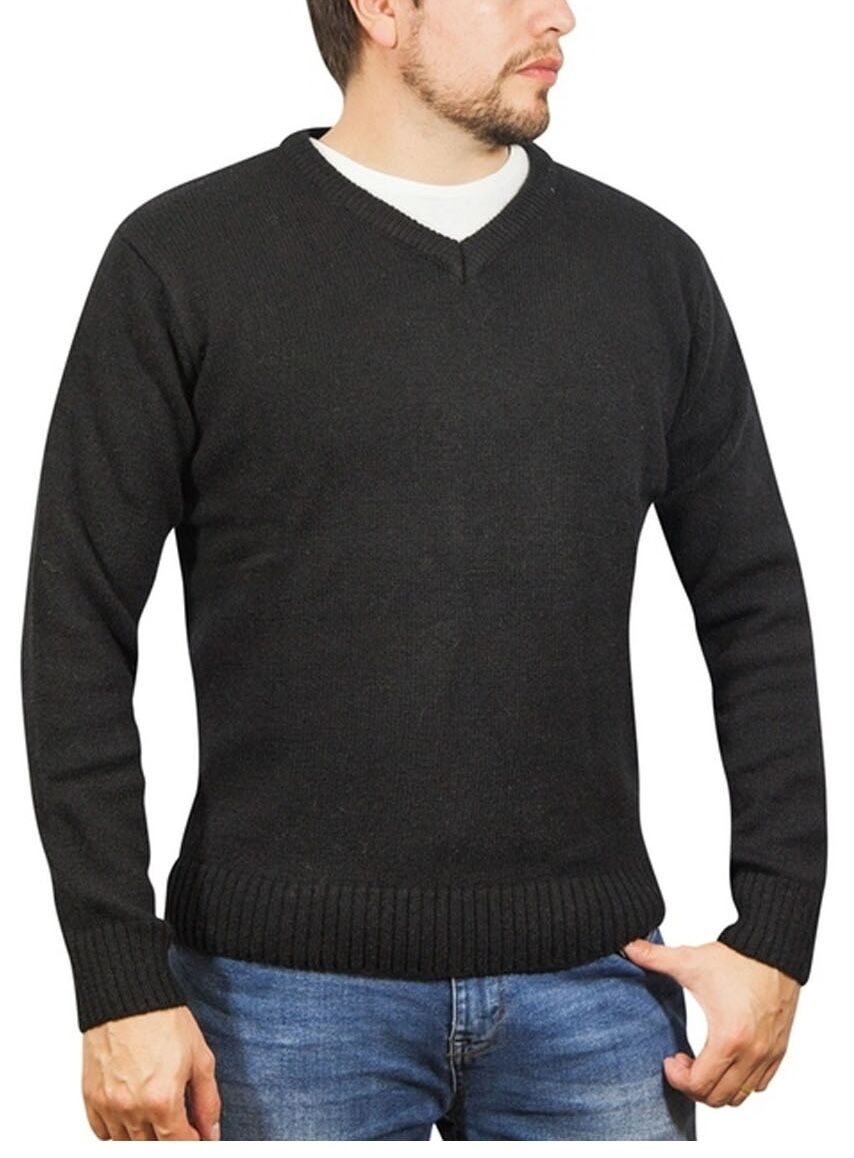 V563-SW-VN-FBK99B-4XL-202507251210-00 100% Shetland Ragg Wool V Neck Knit Jumper Pullover Mens Sweater Knitted - Plain Black - 4XL - Image 1