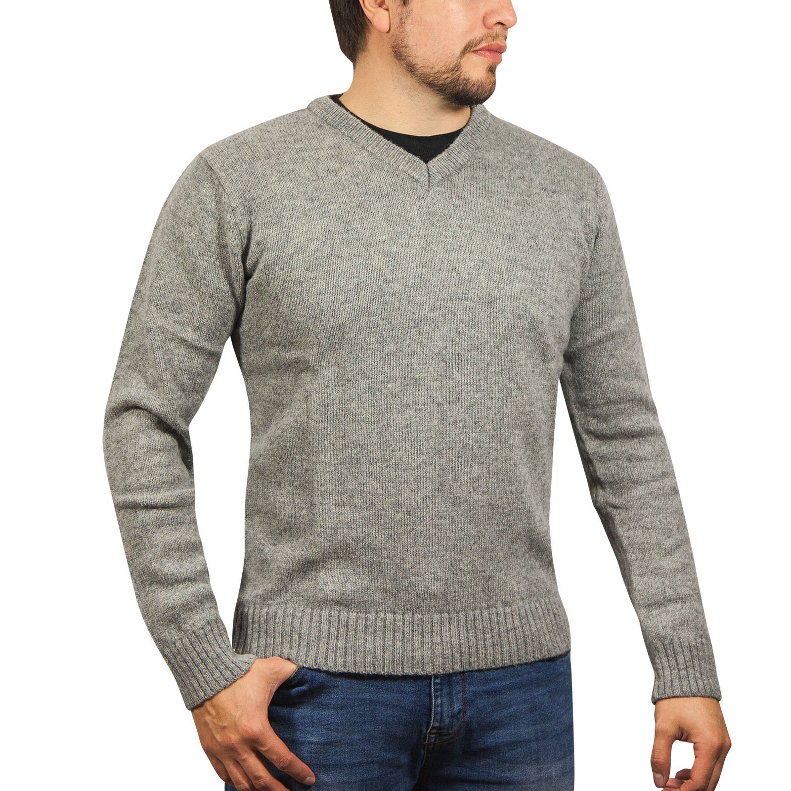 V563-SW-VN-GRY21-M-202507251230-00 100% Shetland Ragg Wool V Neck Knit Jumper Pullover Mens Sweater Knitted - Grey - M - Image 1