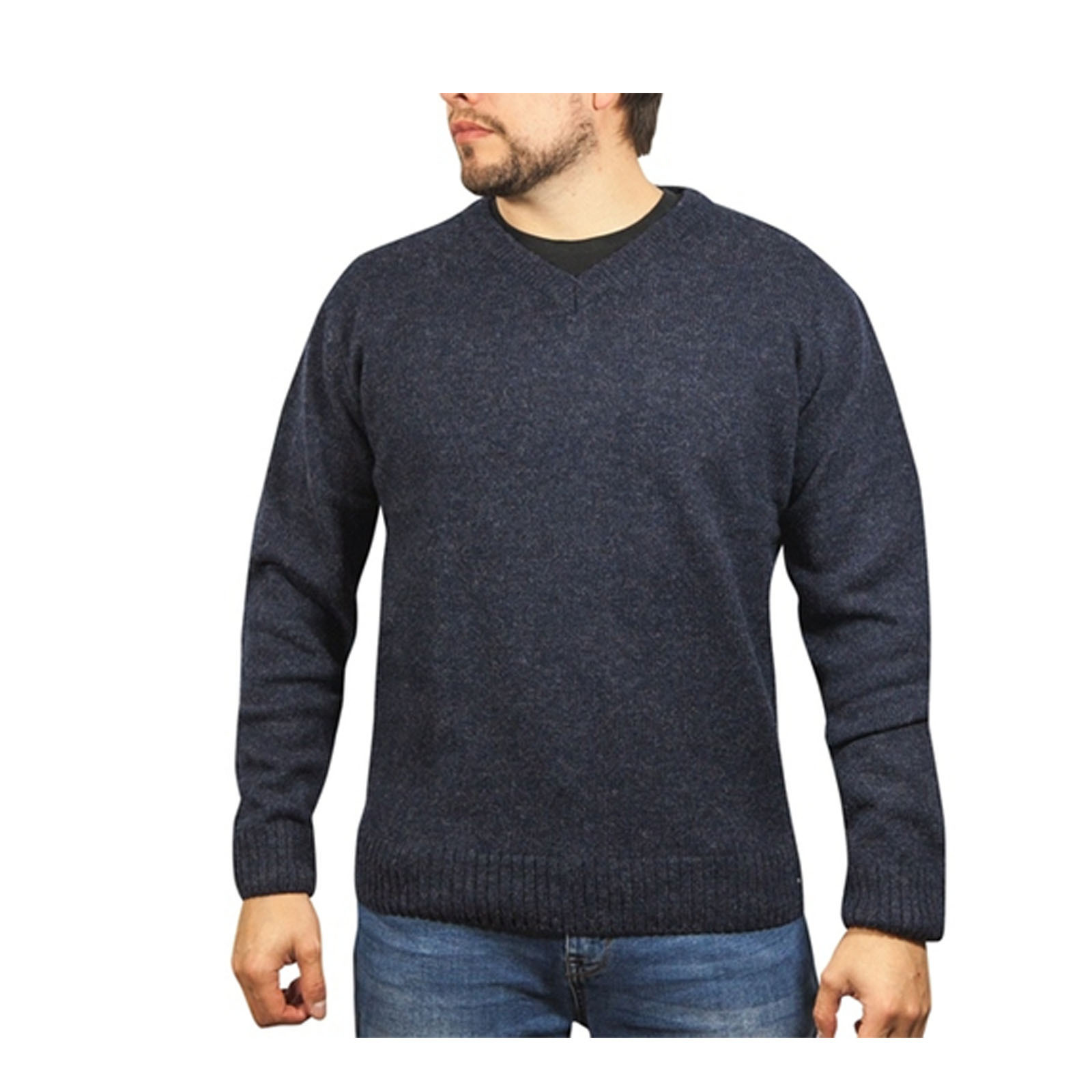 V563-SW-VN-NAVY45-XL-202507251220-00 100% Shetland Ragg Wool V Neck Knit Jumper Pullover Mens Sweater Knitted - Navy - XL - Image 1