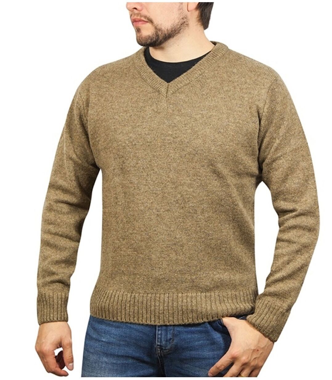 V563-SW-VN-NUTMEG23-M-202507251230-00 100% Shetland Ragg Wool V Neck Knit Jumper Pullover Mens Sweater Knitted - Nutmeg - M - Image 1