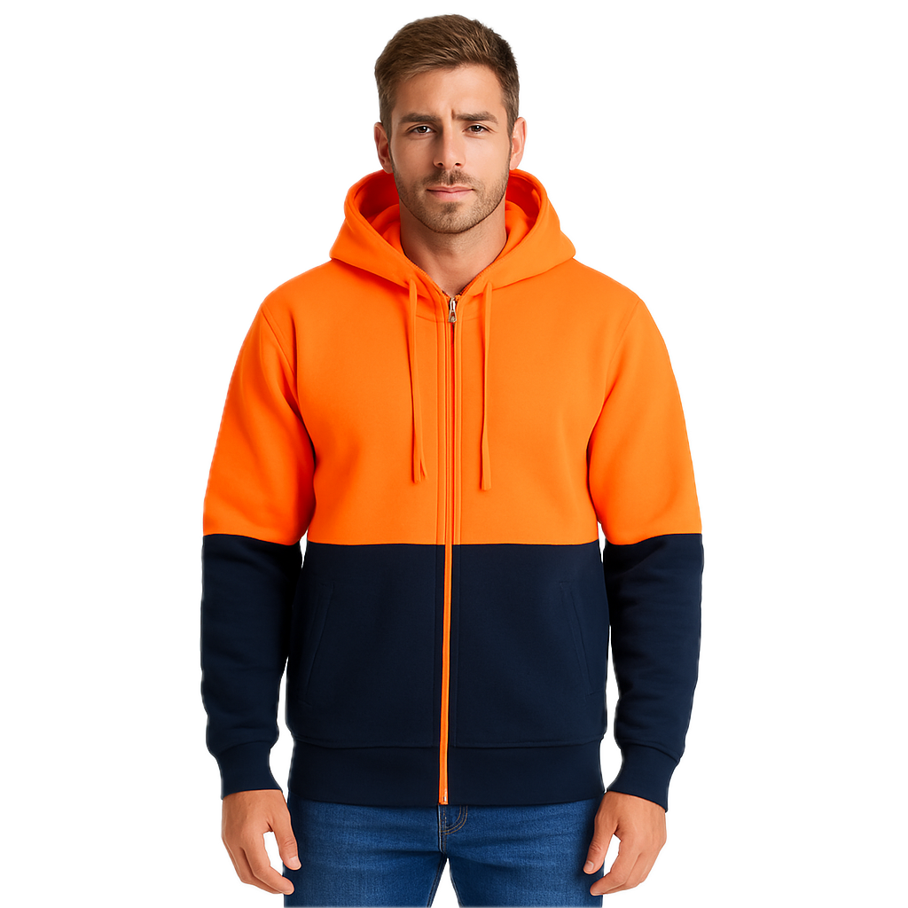 V563-UMW-9898-ORG_NVY-S-202507281325-00 HI VIS Jumper Full Zip Hoodie Safety Workwear Fleecy Fleece Jacket Hooded in Orange/Navy - S - Image 1