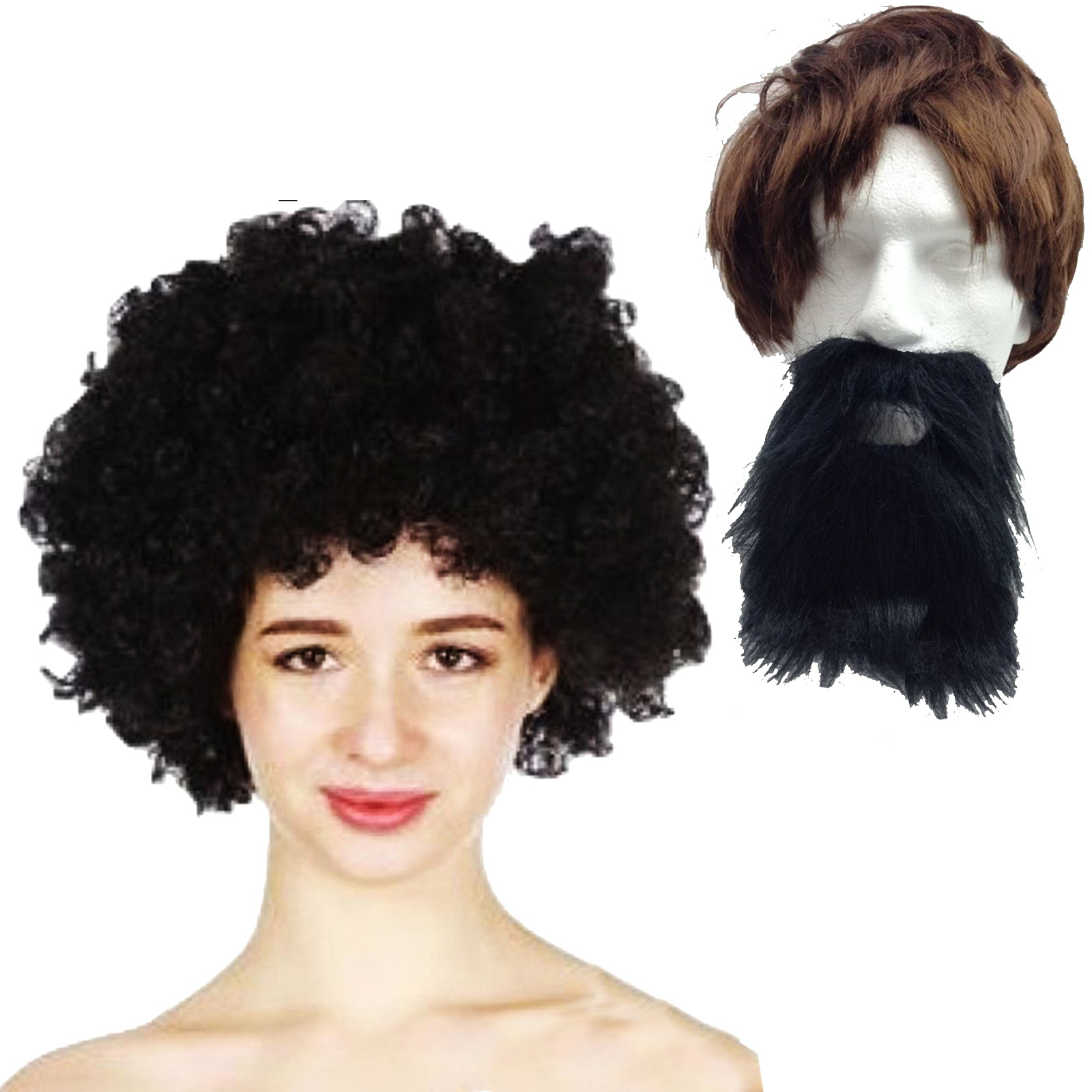 V563-WIGBEARDSET-184580-00 2pc Set Black Jumbo Afro Wig + Party Beard Moustache Costume Fancy Dress Fake Hair - Image 1