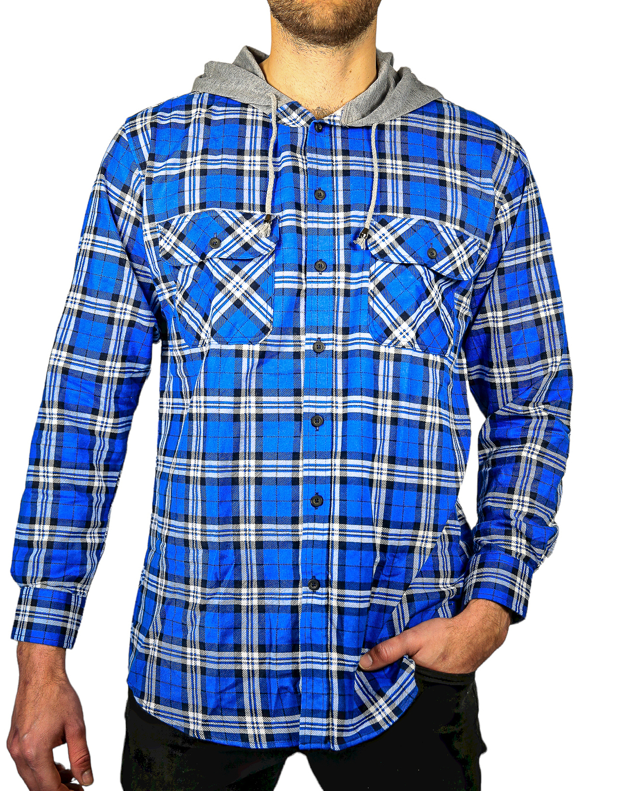 V563-WS47-149-5XL-202503052045-00 Mens Cotton Flannelette Shirt w Jersey Hood Long Sleeve Flannel - Spanish Blue - 5XL - Image 1