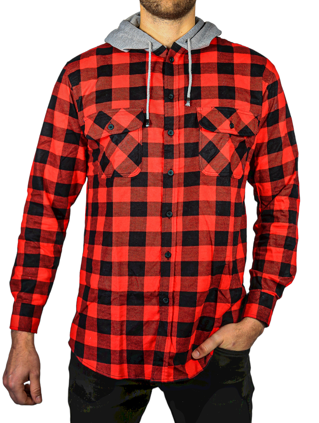 V563-WS47-190-XL-202503052105-00 Mens Cotton Flannelette Shirt w Jersey Hood Long Sleeve Flannel - Red/Black - XL - Image 1