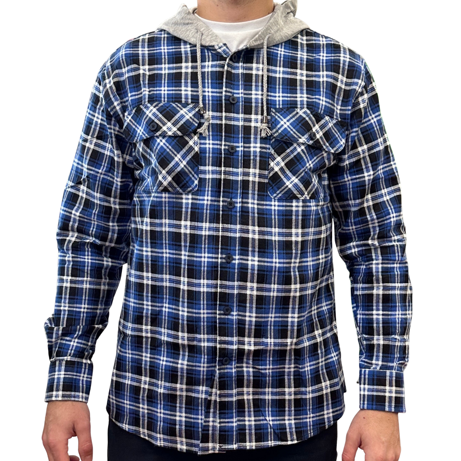 V563-WS47-45-S-202503051820-00 Mens Cotton Flannelette Shirt w Jersey Hood Long Sleeve Flannel - Denim - S - Image 1
