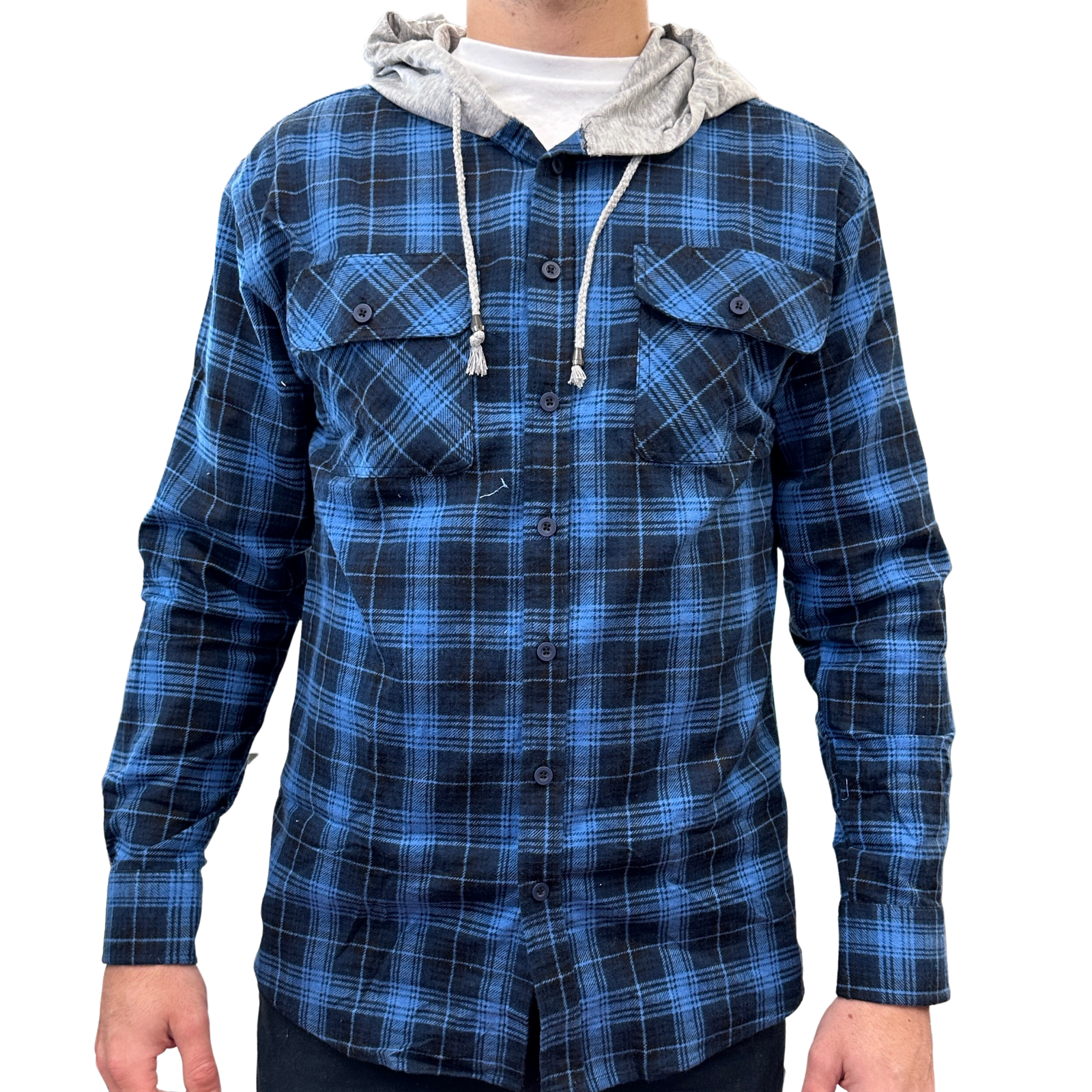 V563-WS47-48-XL-202503051845-00 Mens Cotton Flannelette Shirt w Jersey Hood Long Sleeve Flannel - Blue - XL - Image 1