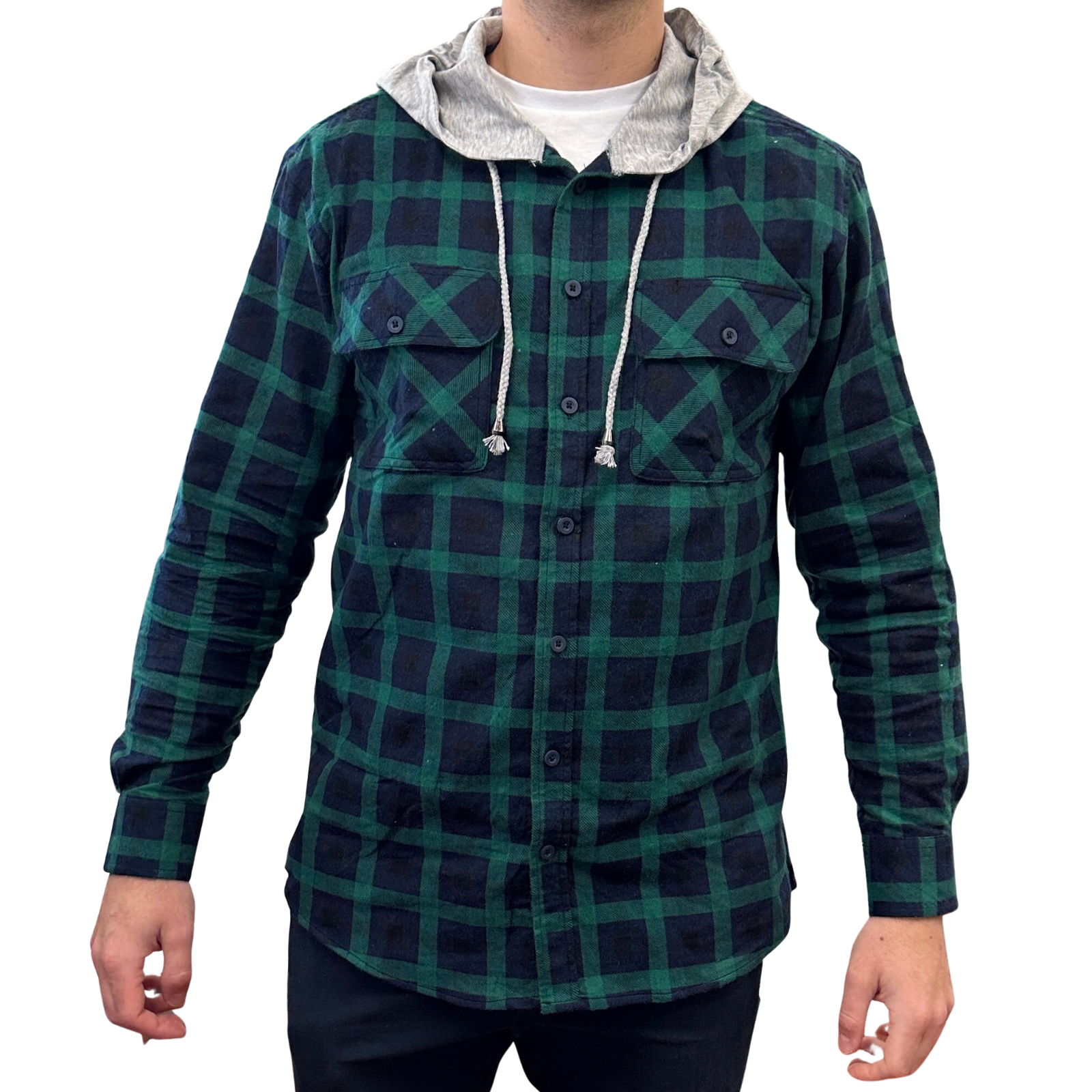 V563-WS47-82-L-202503051552-00 Mens Cotton Flannelette Shirt w Jersey Hood Long Sleeve Flannel - Green - L - Image 1