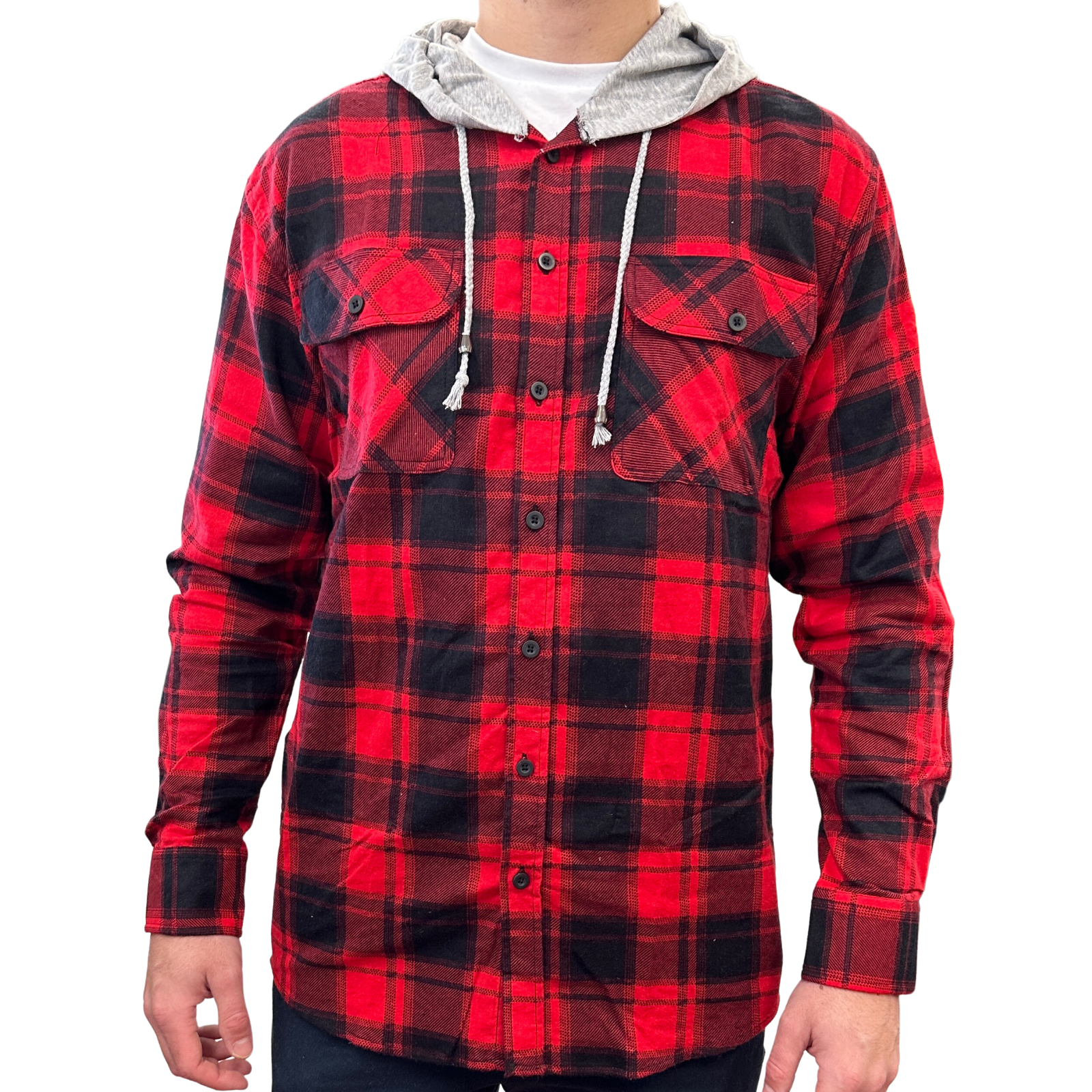 V563-WS47-90-2XL-202502281329-00 Mens Cotton Flannelette Shirt w Jersey Hood Long Sleeve Flannel - Red - 2XL - Image 1