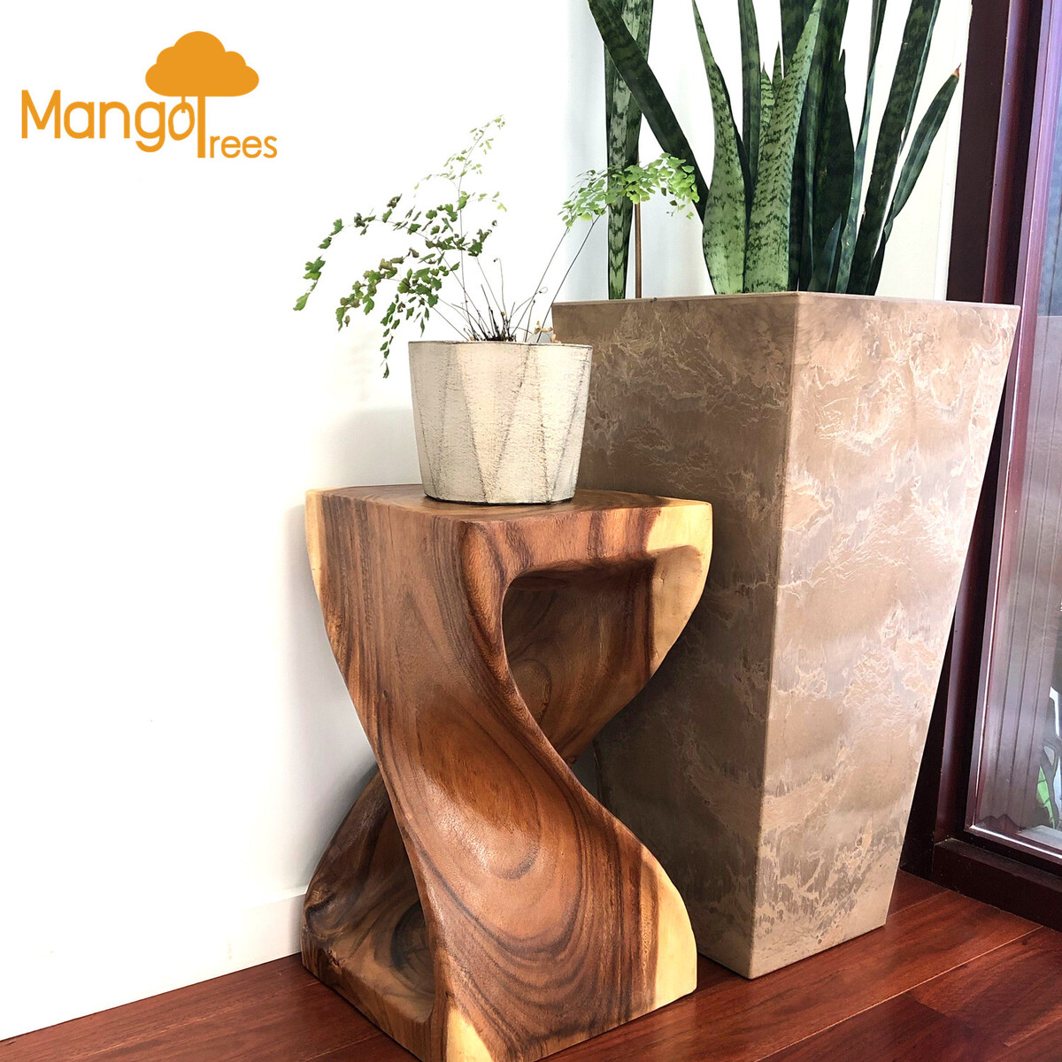 V574-RTF-TWIST-2-131600-00 The Twist Raintree Wood Side Table/Corner Table/Planet Stand Clear Finish - Image 1