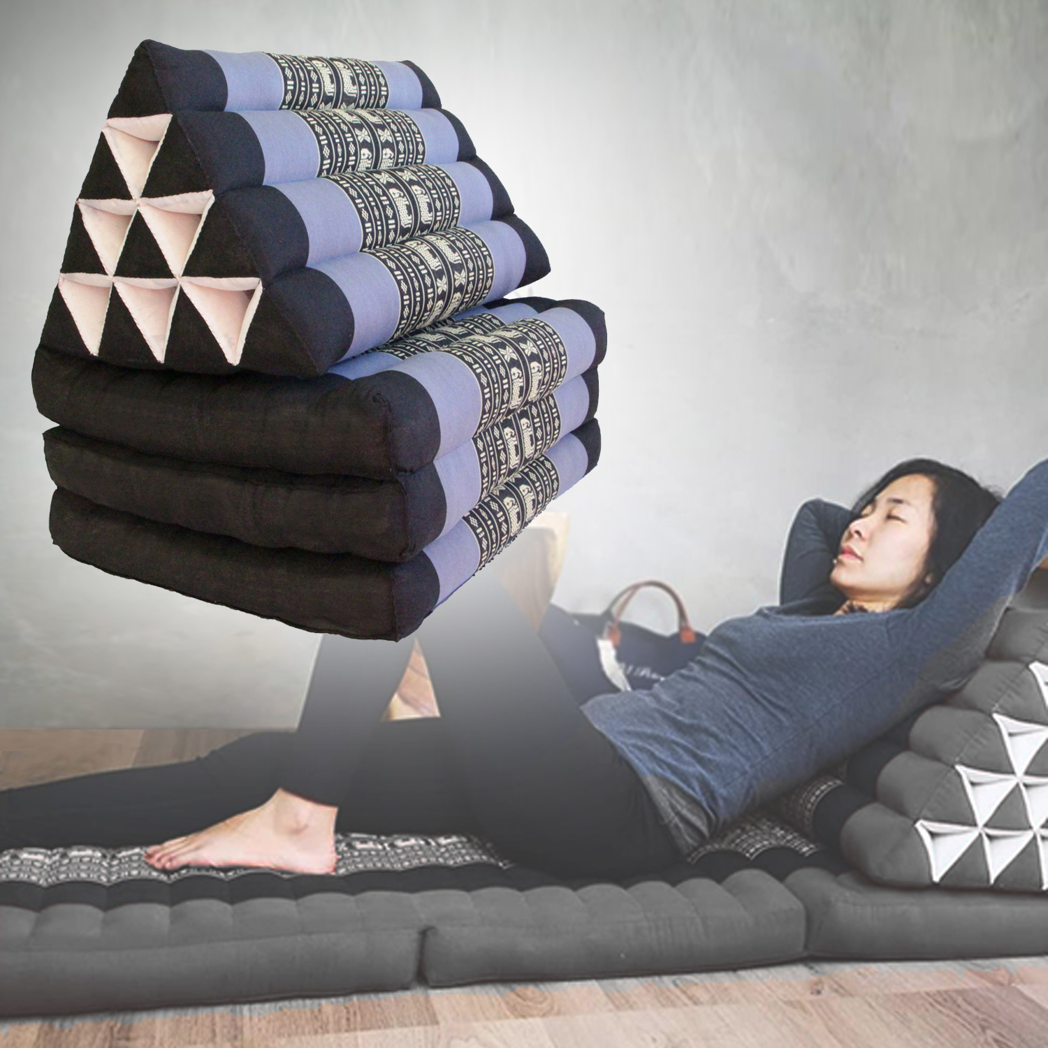 V574-TTP10BLUEELE-131635-00 Large Thai Triangle Pillow THREE FOLDS Blue Ele - Image 1