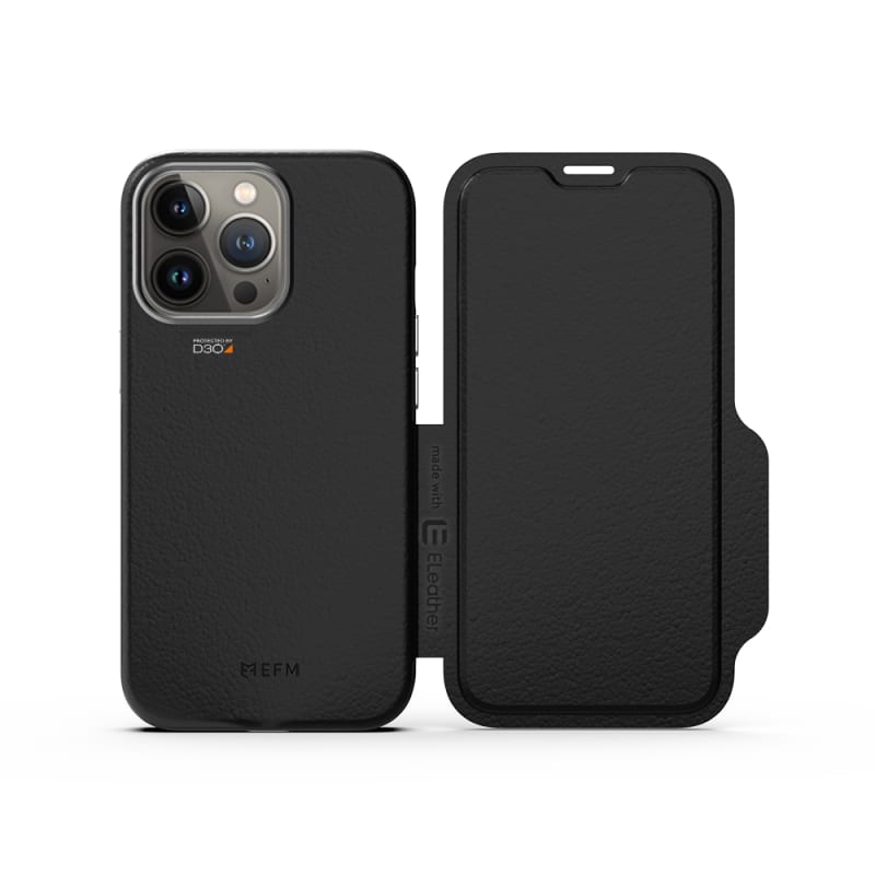 V578-EFCFLAE194BSG-226646-00 EFM Monaco Leather Wallet Case Armour with D3O 5G Signal Plus for iPhone 13 Pro (6.1" Pro) - Black - Image 1