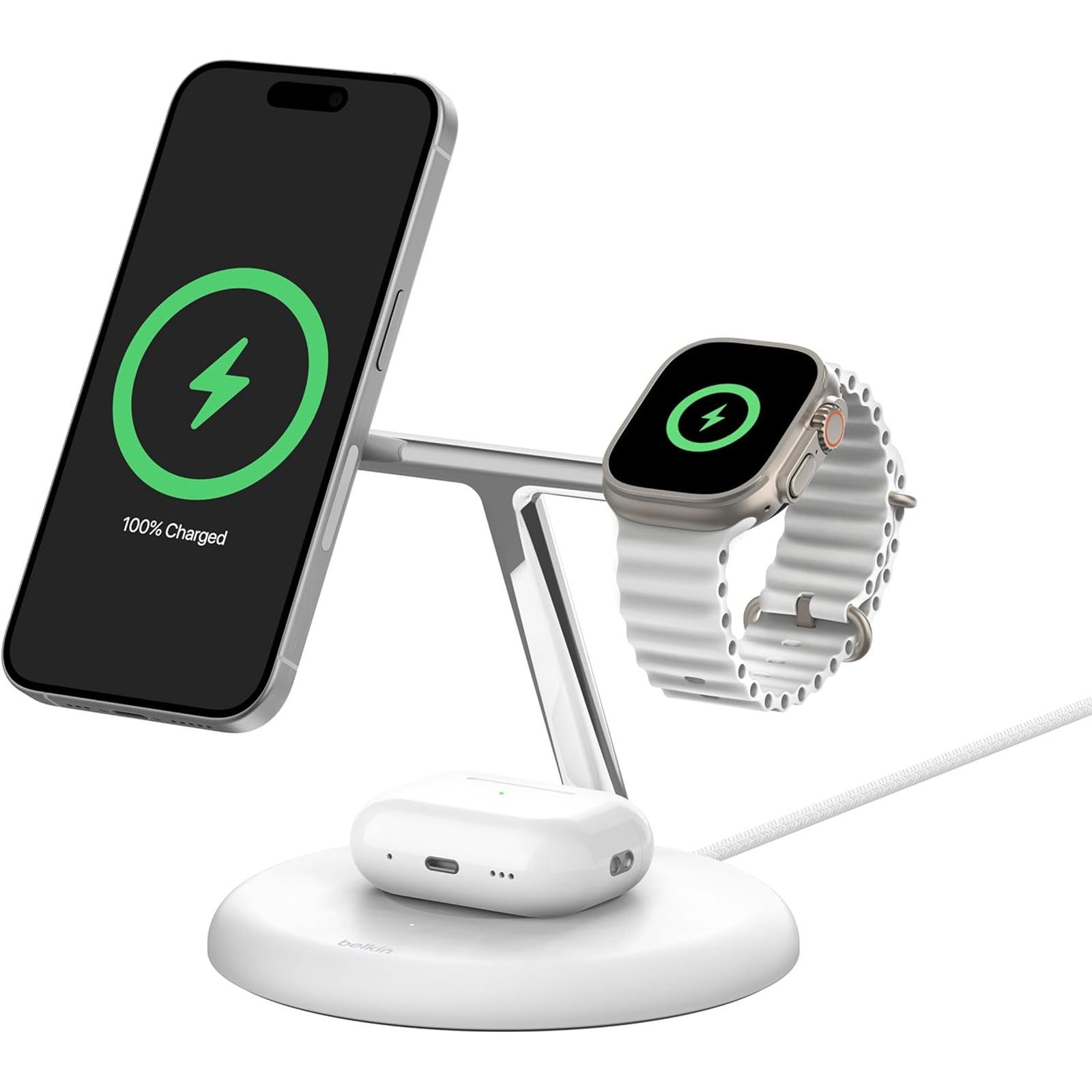 V578-WIZ023AUWH-202505231046-00 Belkin BoostCharge PRO 3-in-1 Qi2 15W Wireless Charger Stand MagSafe 2024 Model - White - Image 1