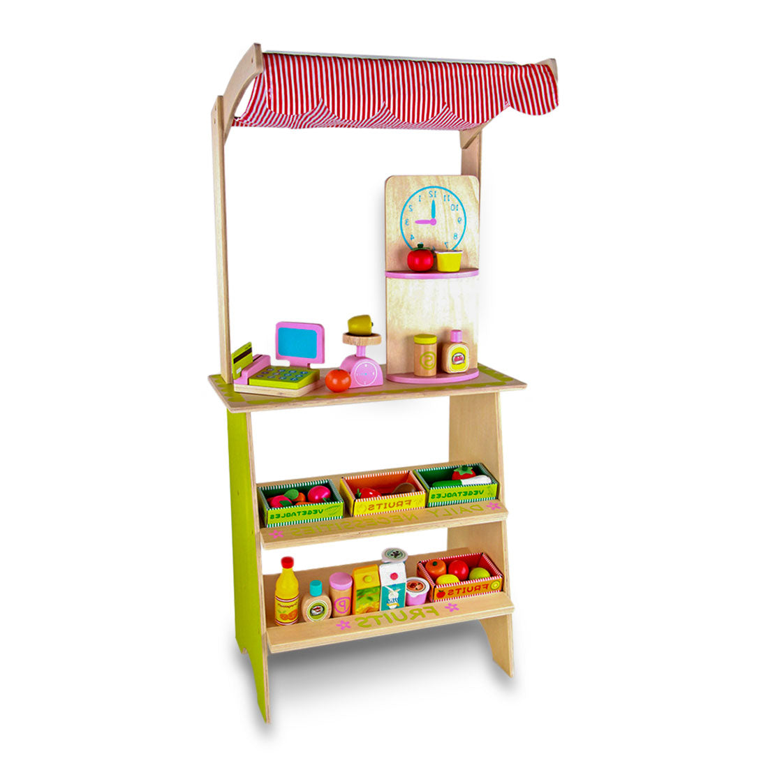 V610-VEGSH-MSN15033-218890-00 Kids Wooden Toy Pretend Play Marketplace Stand Fruit Veg Shop Stall Supermarket - Image 1