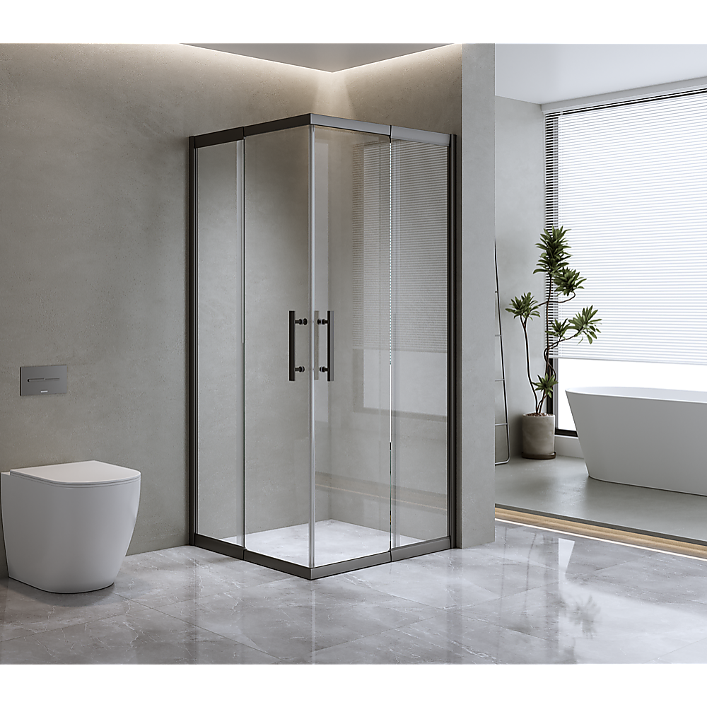 V63-844231-143506-03 Adjustable 1200x1200mm Double Sliding Door Glass Shower Screen in Black - Image 1