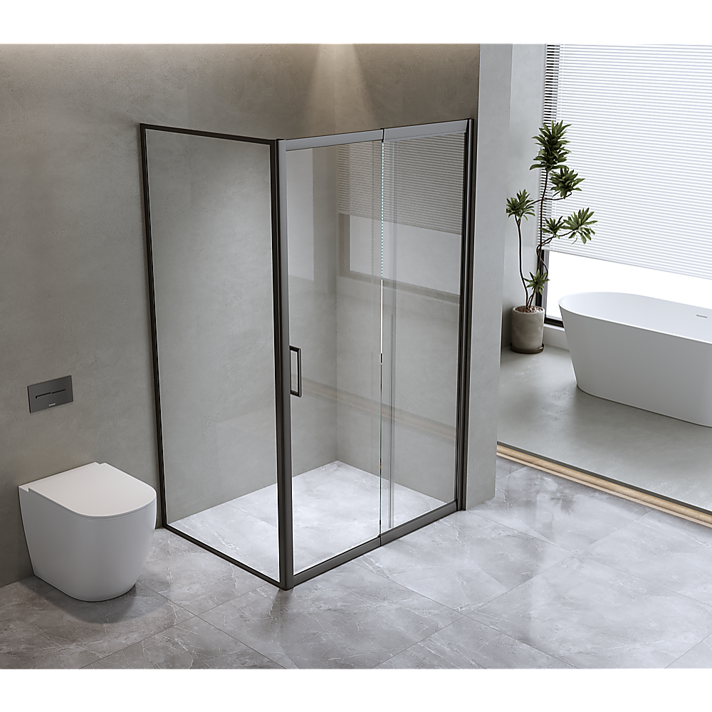 V63-846011-223025-00 Adjustable 1300x800mm Single Door Corner Sliding Glass Shower Screen in Black - Image 1