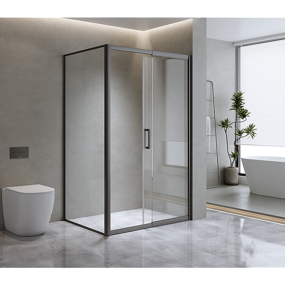 V63-846131-223029-00 Adjustable 1300x800mm Single Door Corner Sliding Glass Shower Screen in Black - Image 1