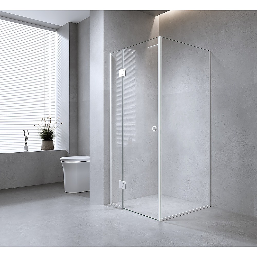 V63-940371-222837-00 120x70cm Corner Frameless Shower Screen with White Channel and SS Hinges - Image 1