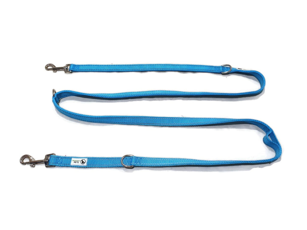 V631-MDPLDMUL20LBLU-185920-00 Multi Dog Lead - Nylon w/Reflective Stitching - Double Clip ,Coupler, Waist Belt, Short/Long, Quicktie - Moondidley Pets 20mm Light Blue - Image 1