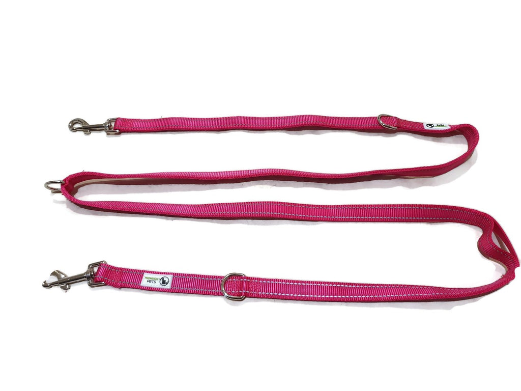V631-MDPLDMUL25PNK-185925-00 Multi Dog Lead - Nylon w/Reflective Stitching - Double Clip ,Coupler, Waist Belt, Short/Long, Quicktie - Moondidley Pets 25mm Pink - Image 1