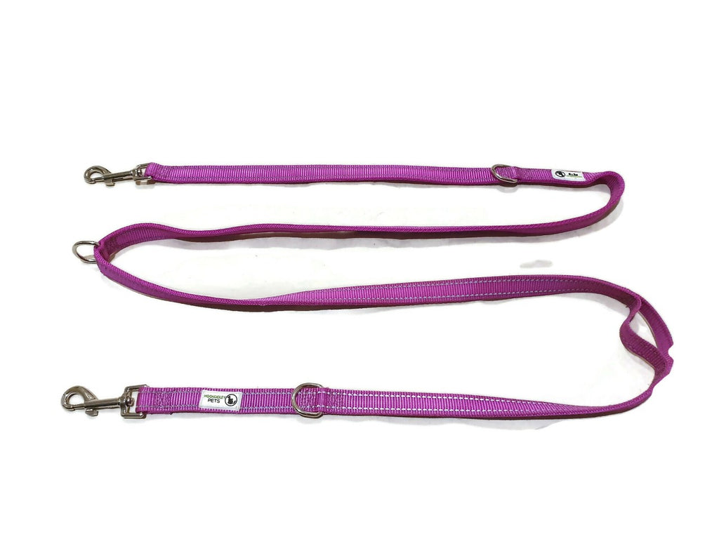 V631-MDPLDMUL25PUR-185922-00 Multi Dog Lead - Nylon w/Reflective Stitching - Double Clip ,Coupler, Waist Belt, Short/Long, Quicktie - Moondidley Pets 25mm Purple - Image 1
