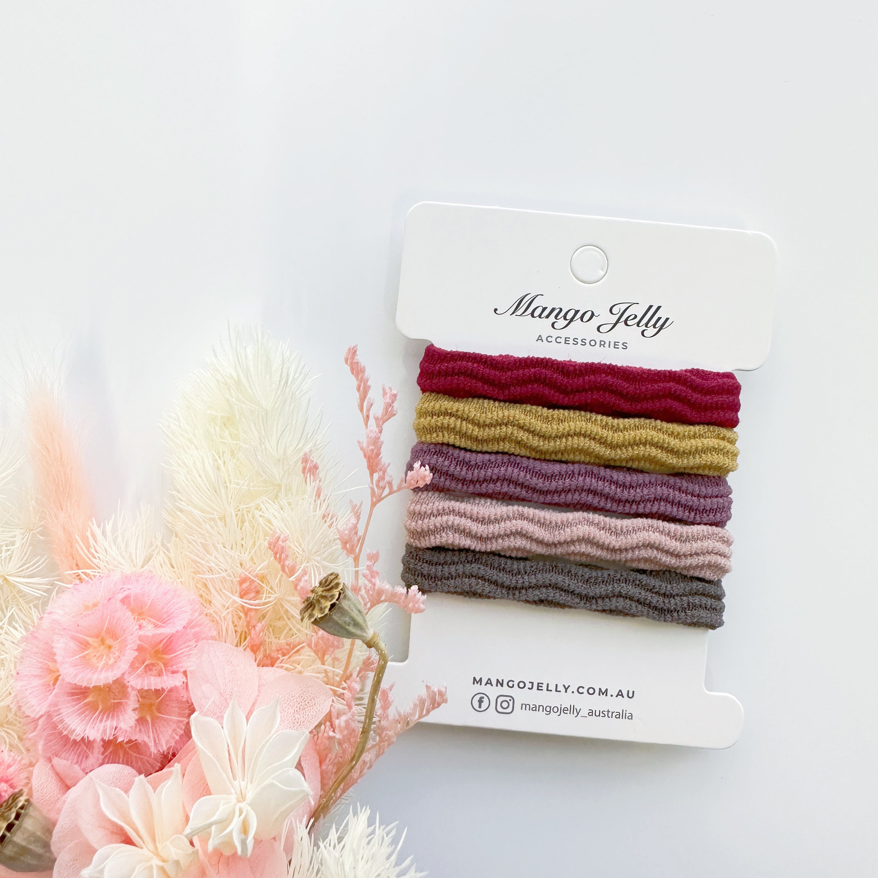 V659-MATALFREE-4CM-5P-WAVY-BLUSHM-1-M-160800-00 MANGO JELLY Metal Free Textured Hair ties 4cm (Thick) - Blush-One Pack - Image 1