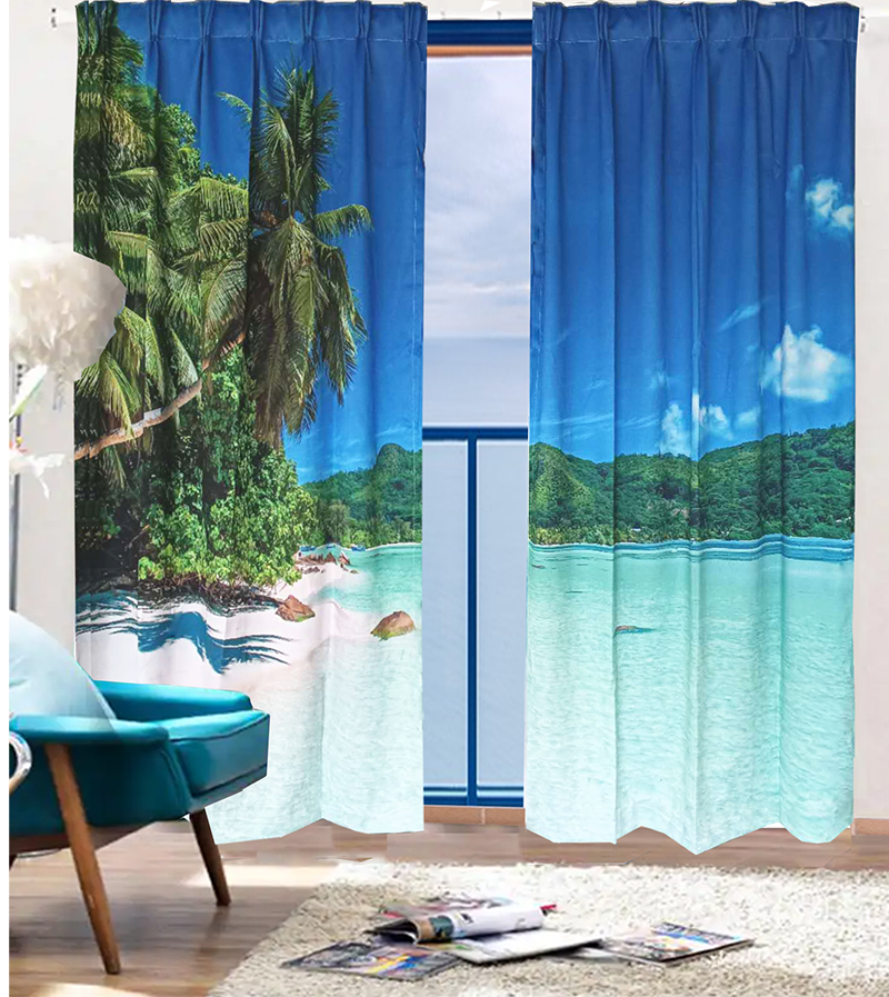 V702-CNA2-213HJ3-224006-00 Sea View 3D Printing Blockout Curtains 260x213cm PINCH PLEAT Fabric Seascape - Image 1