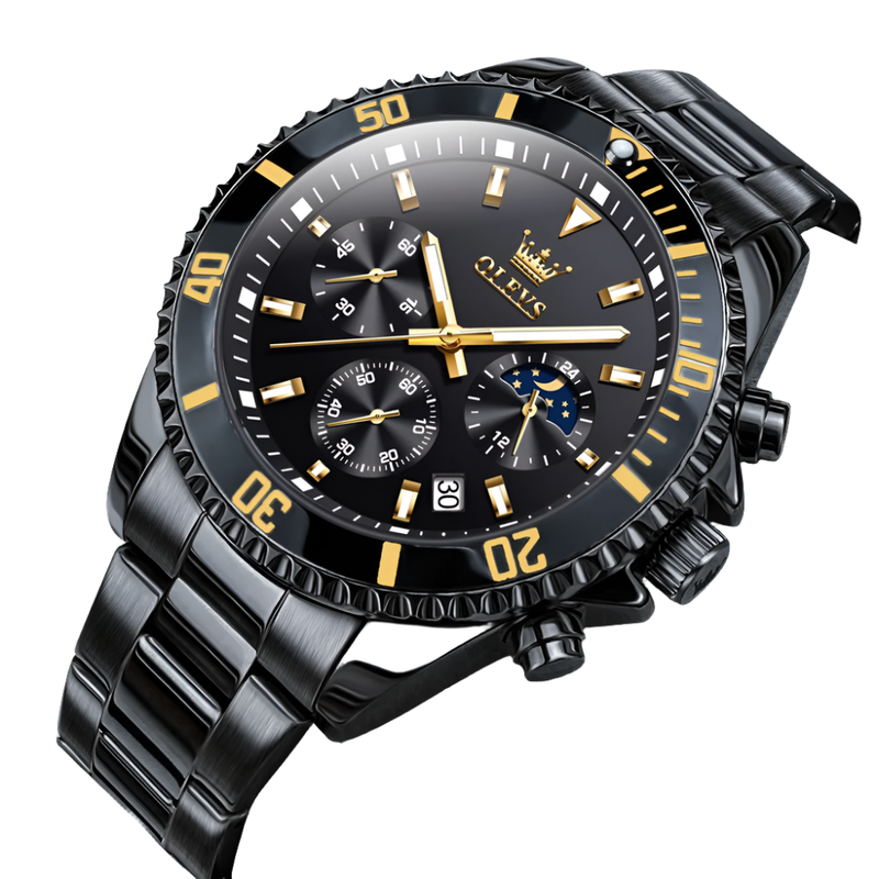 V728-1005004177969861-ALL-BLACK-190572-00 NNEOBA Waterproof Moon Phase Quartz Wristwatch - All Black - Image 1