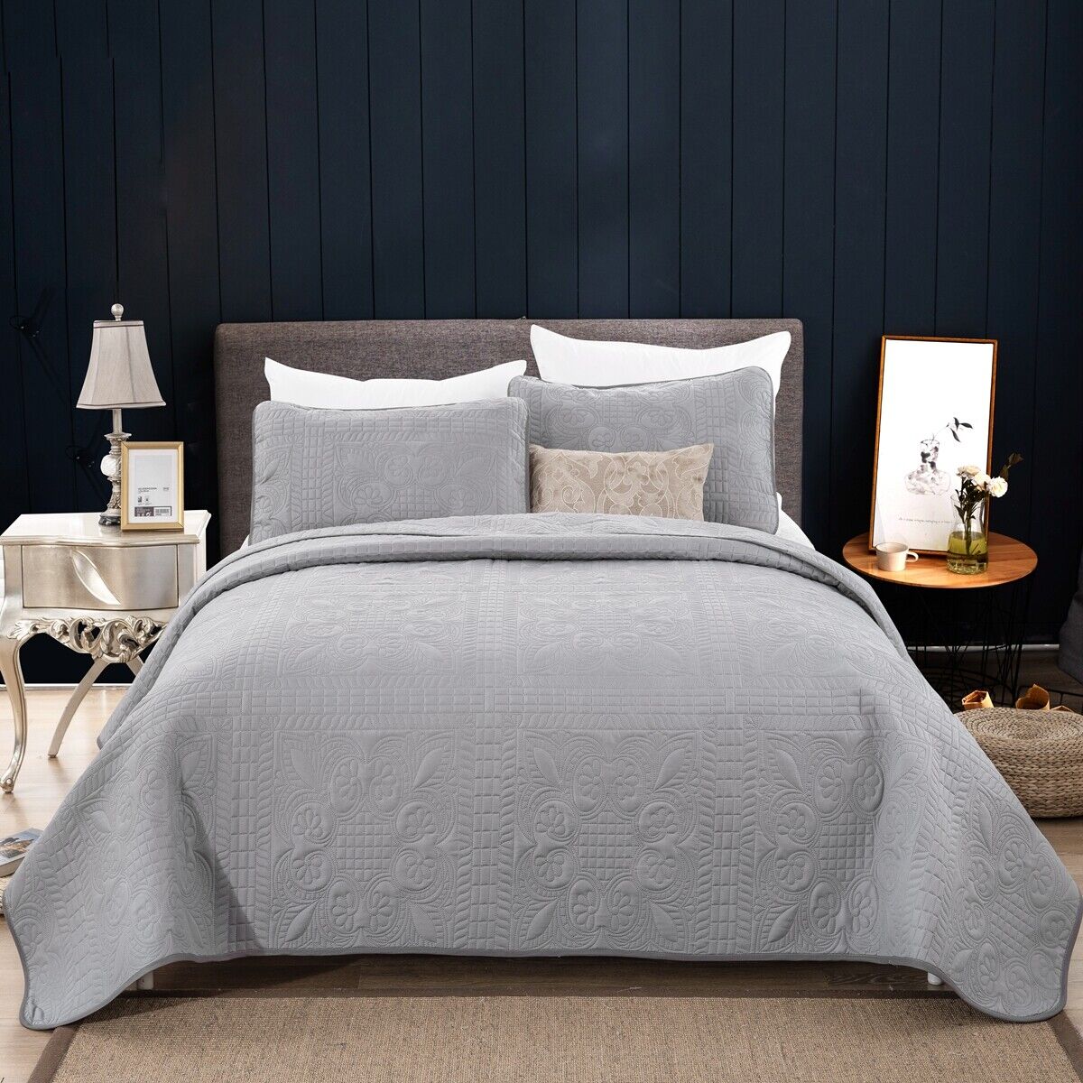 V745-AC100001Q13U-218251-00 Plain Grey Choc urban 3 Pc Bedspread & Pillow Cover Set - Image 1