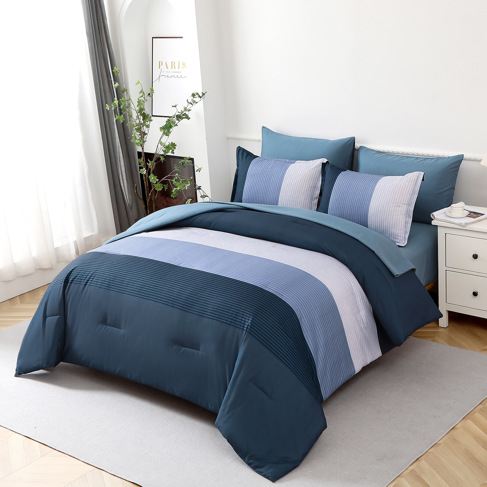 V745-MAB010873AJ3-191338-00 Navy Blue Comforter Set, King Size, Striped 3-Piece Bedding Collection - Image 1