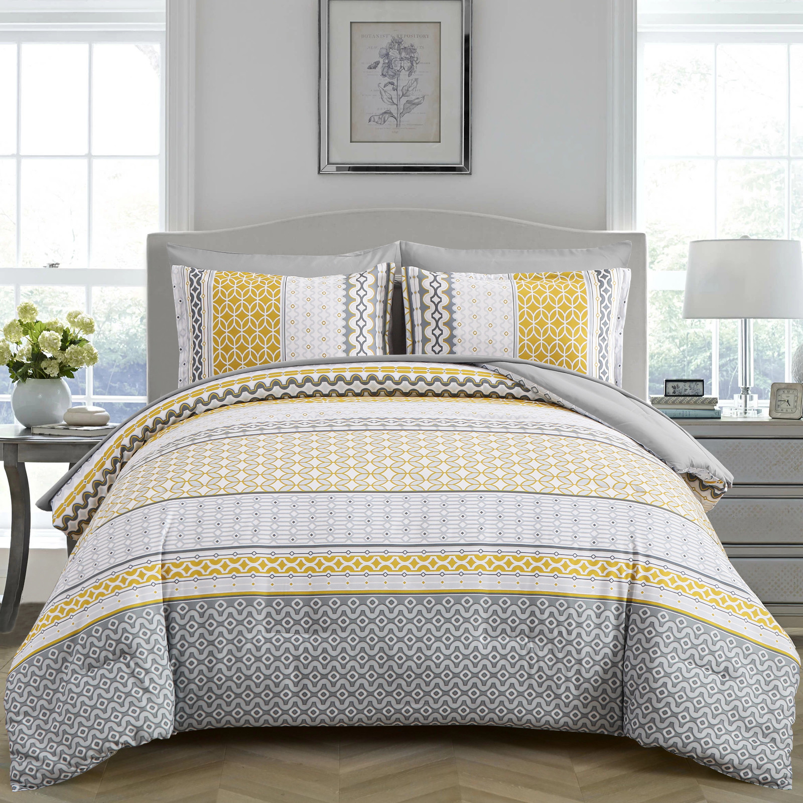 V745-MAB010939AJ3-191345-00 Floral Stripes Comforter Set, King Size, Deluxe 3-Piece Bedding with Pillowcases - Image 1