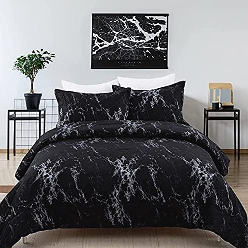 V745-MAB01173AJ3-191361-00 King Black Marble Comforter Set, Printed Bedding for All Seasons, Soft Microfiber 3-Piece - Image 1
