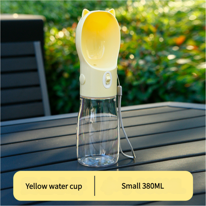 V888-ELOSUNG10148-204195-00 Portable Dog Water Bottle with Bowl Dispenser - 380ml Yellow Pet Travel Cup, Leak-proof, One-Hand Operation - Image 1
