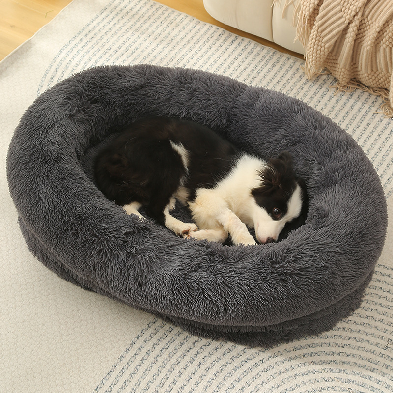V888-ELOSUNG10221-204389-00 Fluffy Donut-Shaped Pet Bed- Soft, Cozy, and Anti-Anxiety for Dogs and Cats, Machine Washable Dark Gray Size:S 60*50*18cm - Image 1