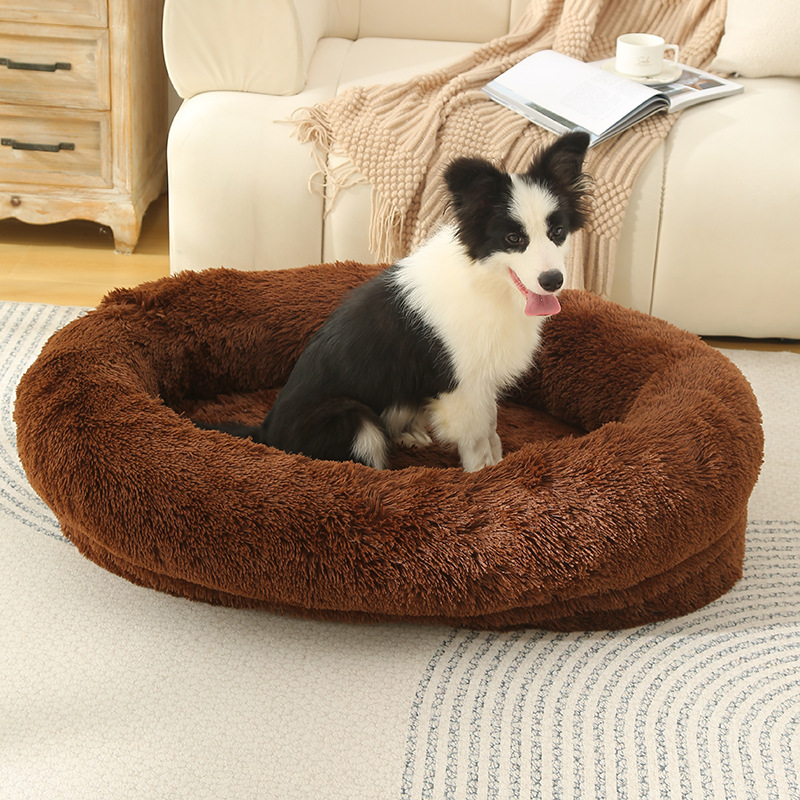 V888-ELOSUNG10241-204370-00 Fluffy Donut-Shaped Pet Bed- Soft, Cozy, and Anti-Anxiety for Dogs and Cats, Machine Washable Coffee Size:L 90*65*20cm - Image 1