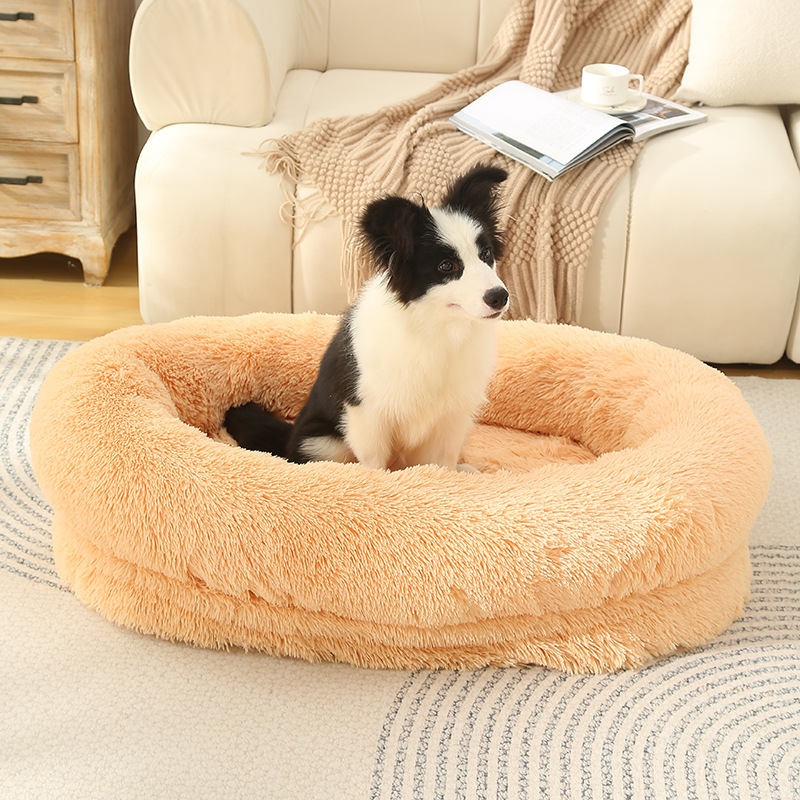 V888-ELOSUNG10244-204367-00 Fluffy Donut-Shaped Pet Bed- Soft, Cozy, and Anti-Anxiety for Dogs and Cats, Machine Washable Apricot Size:L 90*65*20cm - Image 1