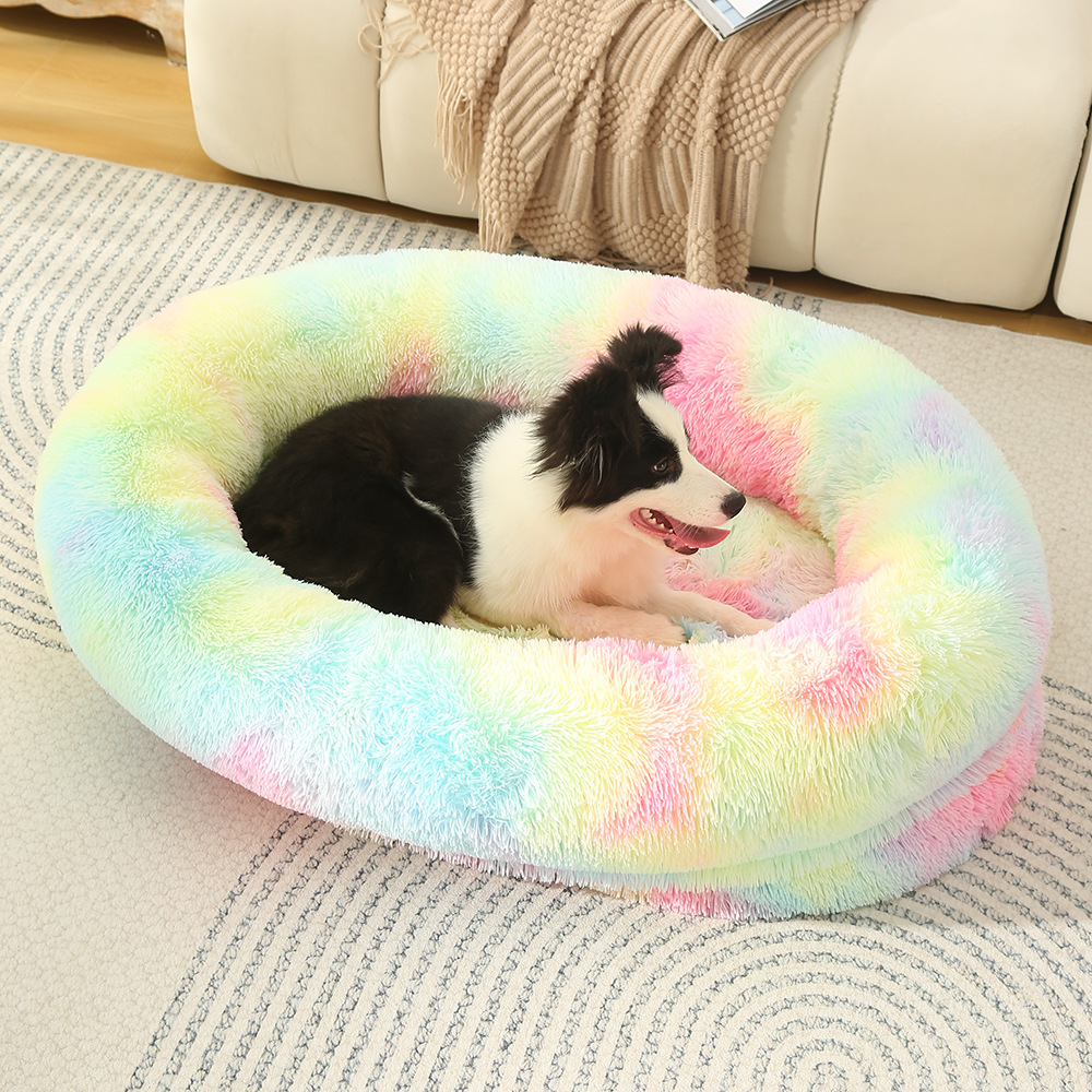 V888-ELOSUNG10261-204397-00 Fluffy Donut-Shaped Pet Bed- Soft, Cozy, and Anti-Anxiety for Dogs and Cats, Machine Washable Rainbow-colored Size:M 75*55*18cm - Image 1
