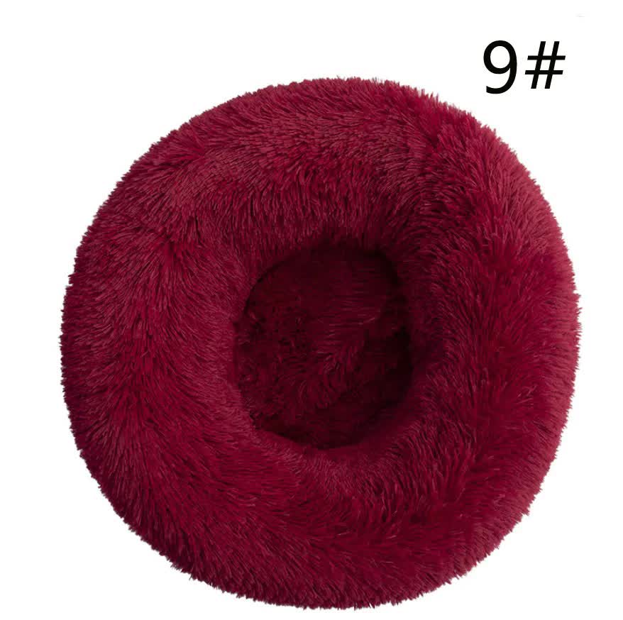 V888-ELOSUNG10282-204330-00 Calming Donut Pet Bed -Soft Faux Fur, Anti-Anxiety Fluffy Round Bed for Cats and Small Dogs (Wine Red)50cm - Image 1