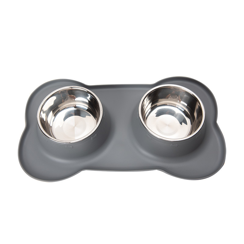 V888-ELOSUNG10460-204521-00 Non-Slip Stainless Steel Double Pet Bowl Set with Spill-Resistant Silicone Mat 45*27cm Grey - Image 1