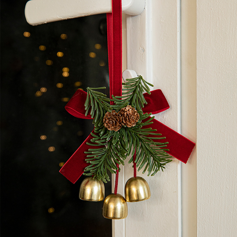 V888-ELOSUNG10492-204673-00 Christmas Door Hanging Ornament with Pinecones, Bells, and Red Ribbon – 16x11cm Festive Decor(2 PCS)) - Image 1