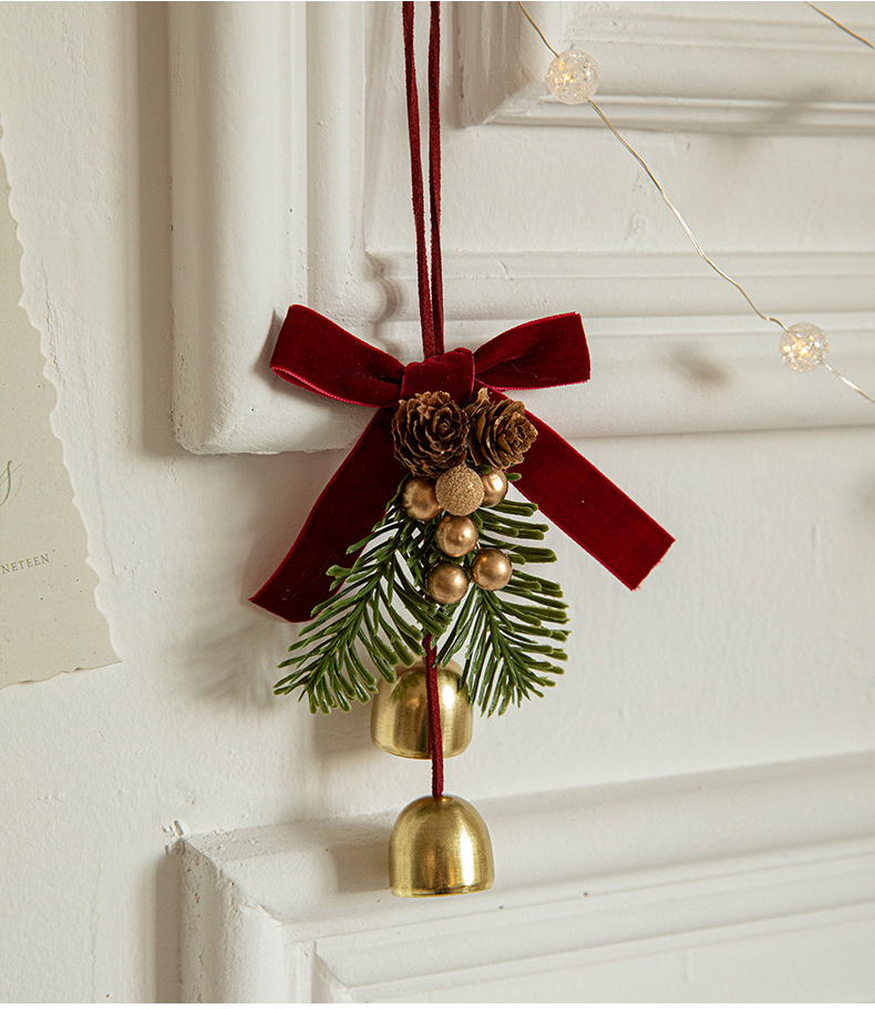 V888-ELOSUNG10493-204674-00 Christmas Hanging Ornament with Pinecones, Bells, and Velvet Bow - 14x10cm Festive Decoration(3 PCS) - Image 1